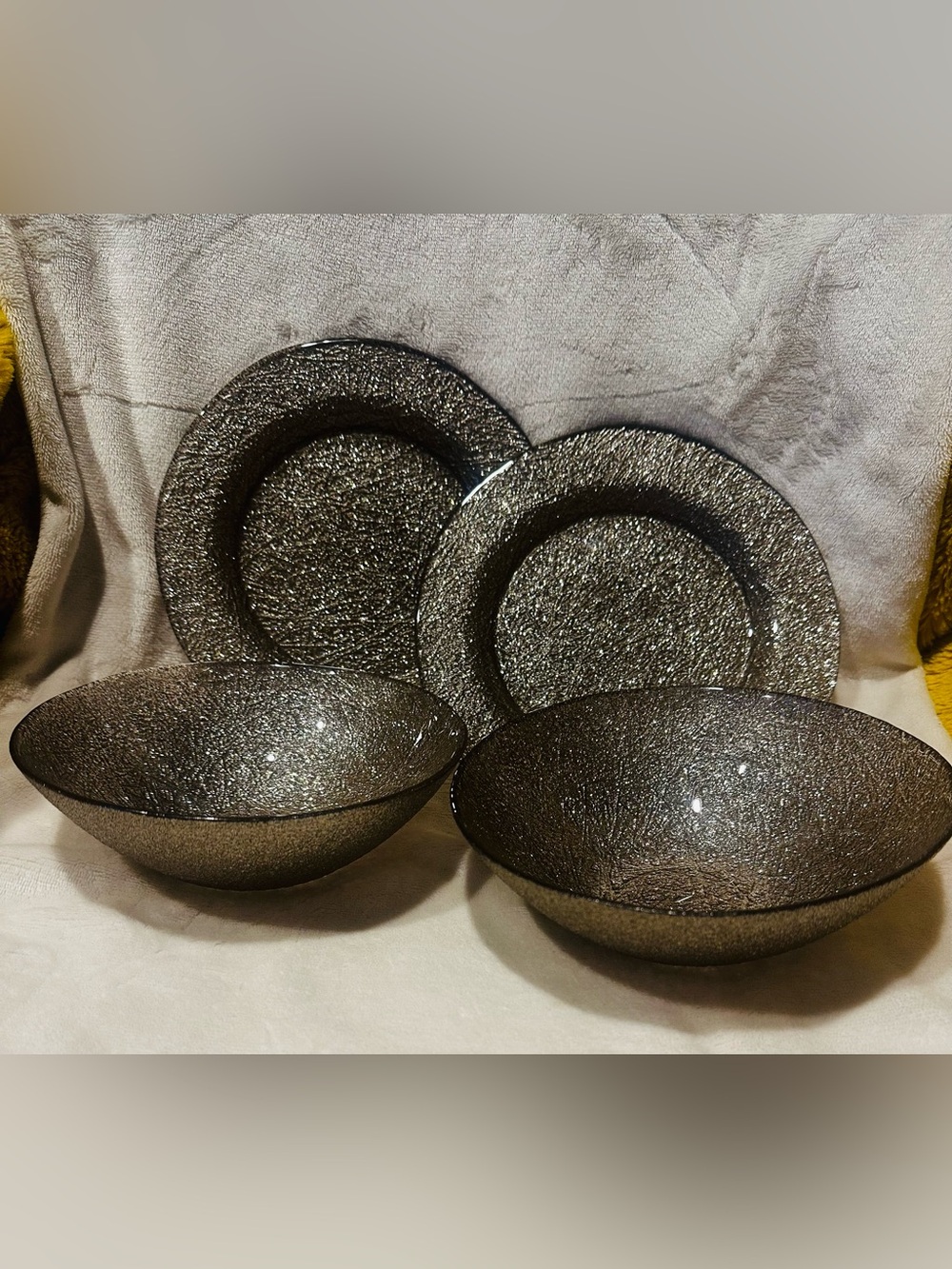 Silver Glitter Small Bowl w/ Matching Plates Set Of 2  No Loose Glitter Retro